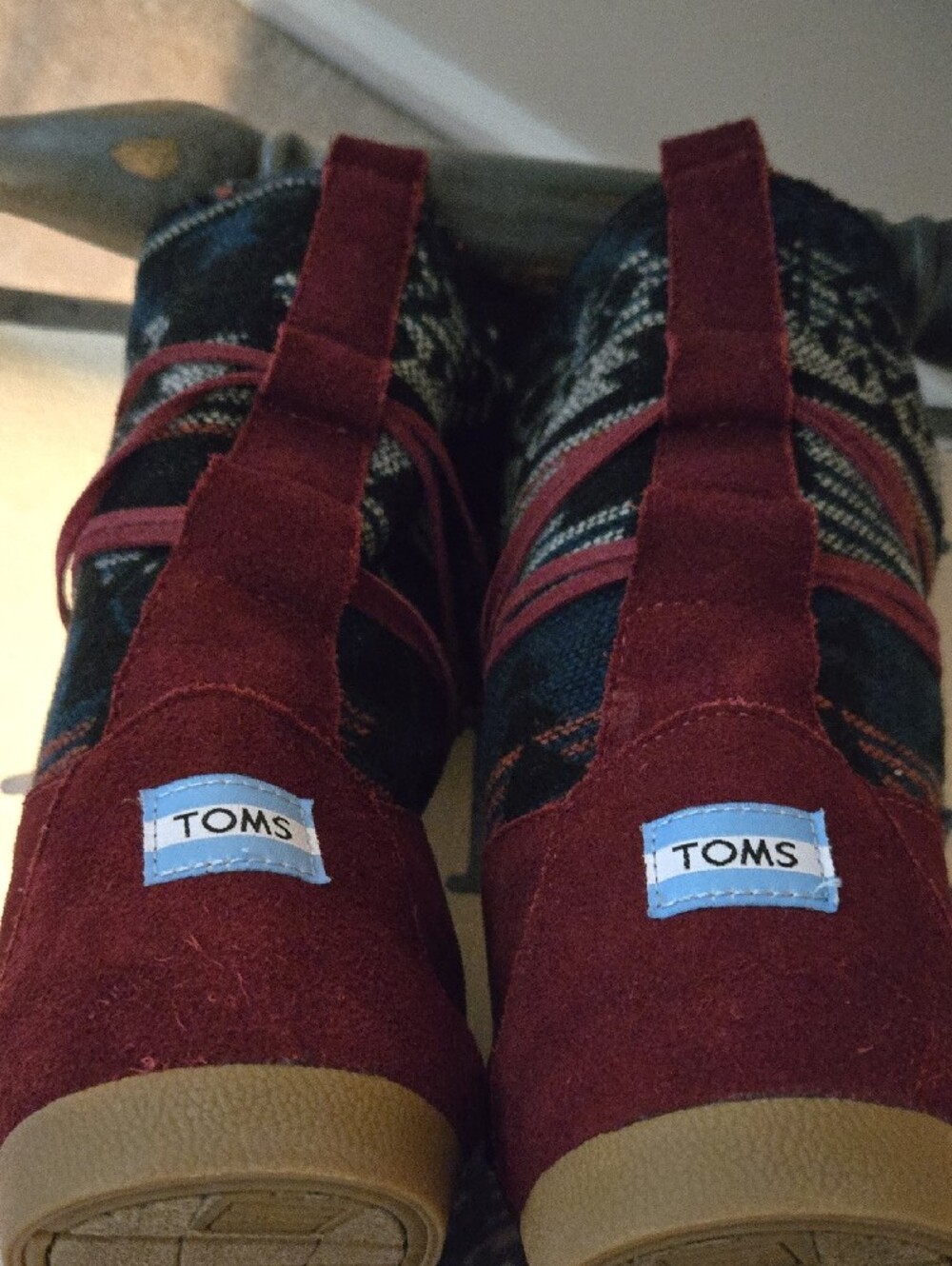 Toms Women's Burgundy Red Suede Winter Boots with Patterned Knit Cuff - Picture 7 of 8